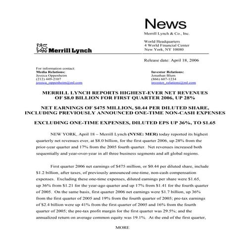 Merrill lynchHistorical Earnings Announcements 2006 1st
