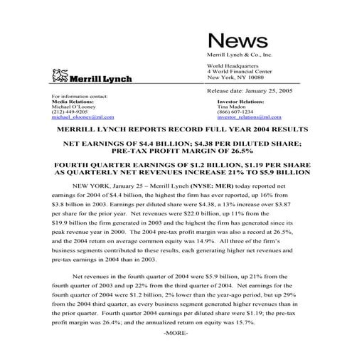 Merrill lynchHistorical Earnings Announcements  2004 4th 