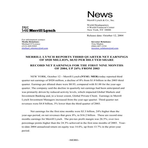Merrill lynchHistorical Earnings Announcements 2004 3rd 
