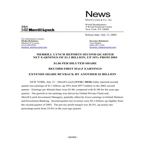Merrill lynchHistorical Earnings Announcements 2004 2nd  