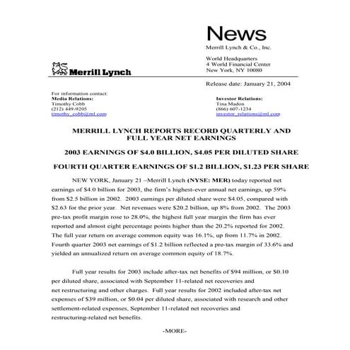 Merrill lynchHistorical Earnings Announcements 2003 4th