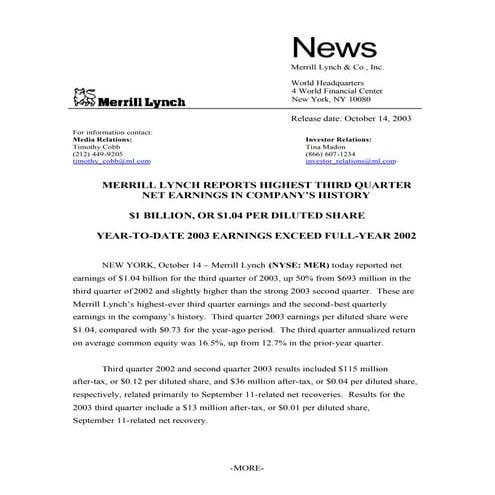 Merrill lynchHistorical Earnings Announcements 2003 3rd 