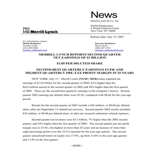 Merrill lynchHistorical Earnings Announcements 2003 2nd  
