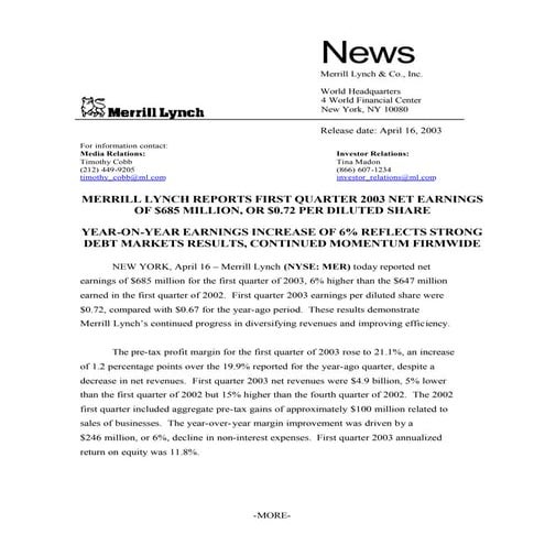 Merrill lynchHistorical Earnings Announcements 2003 1st