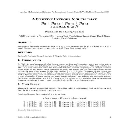 A Positive Integer 𝑵 Such That 𝒑𝒏 + 𝒑𝒏+𝟑 ~ 𝒑𝒏+𝟏 + 𝒑𝒏+𝟐 For All 𝒏 ≥ 𝑵