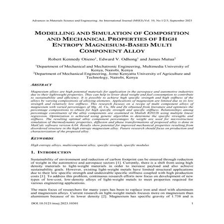 MODELLING AND SIMULATION OF COMPOSITION AND MECHANICAL PROPERTIES OF HIGH ENTROPY MAGNESIUM-BASED MULTI COMPONENT ALLOY