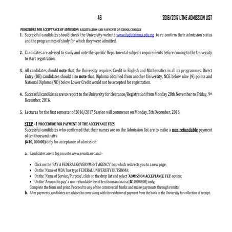fudma utme procedure for acceptance of admission www.alluniversitynews.com