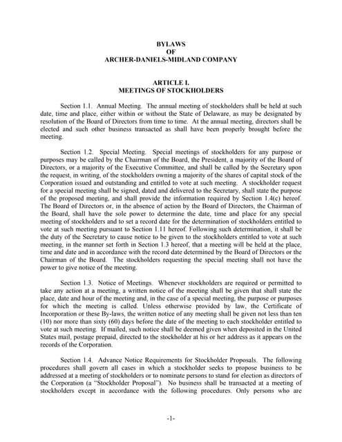 Archer Daniels Midland Company Bylaws