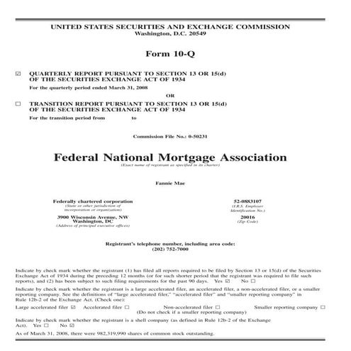 fannie mae 2008 First Quarter Earnings