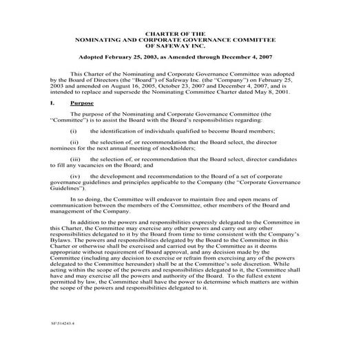 safeway Nominating and Corporate Governance Committee Charter