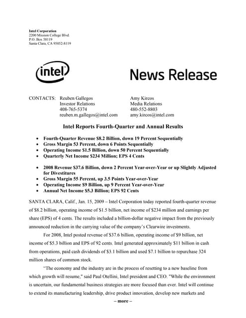 intel Quarter 2008Earnings Release Q 4th
