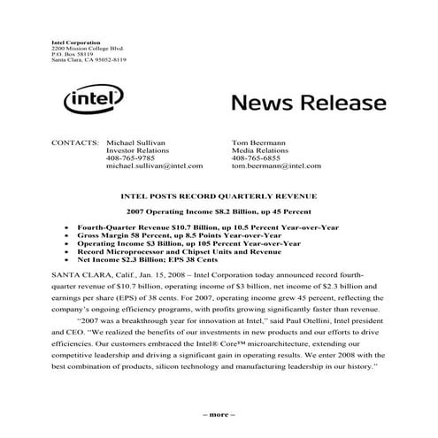 intel  Fourth Quarter 2007  	Earnings Release