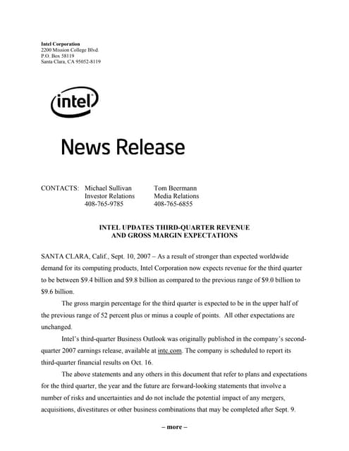 intel  Third Quarter 2007 Business Update