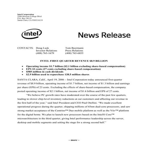 intel  First Quarter 2006 Earnings Release