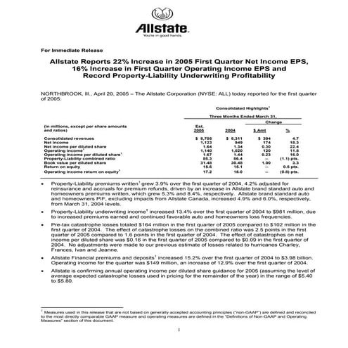 allstate Quarterly Investor Information 2005 1st Earnings Press Release 