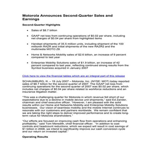 Q2 2007 Earnings Release and Financial Tables