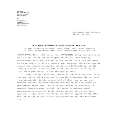 Q1 2002 Earnings Release