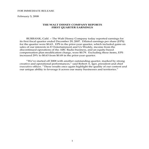 walt disney First Quarter2008