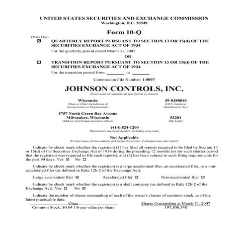 johnson controls  FY2007 2nd Quarter Form 10-Q  