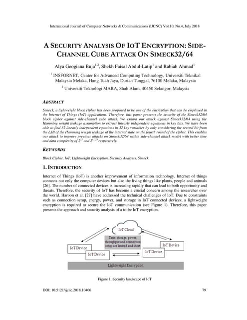 A SECURITY ANALYSIS OF IOT ENCRYPTION: SIDECHANNEL CUBE ATTACK ON SIMECK32/64 