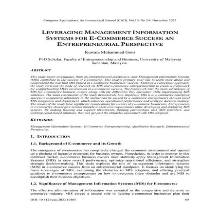 L EVERAGING M ANAGEMENT I NFORMATION S YSTEMS FOR E C OMMERCE S UCCESS A N E NTREPRENEURIAL P ERSPECTIVE