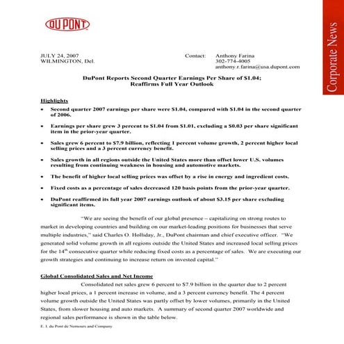 du pont Earnings Release2007 2nd
