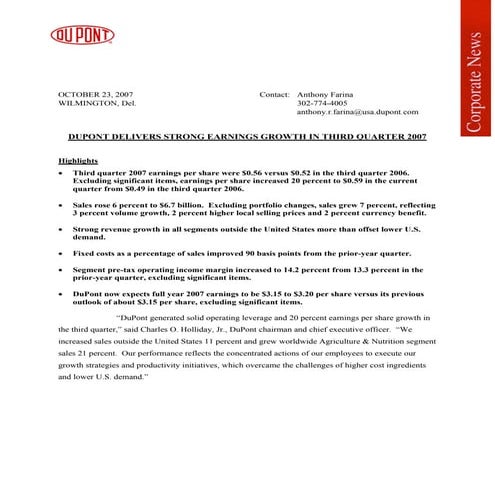 du pont Earnings Release2007 3rd