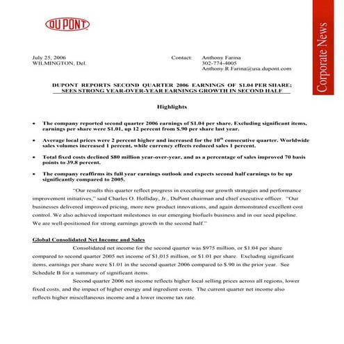 du pont Earnings Release2006 2nd