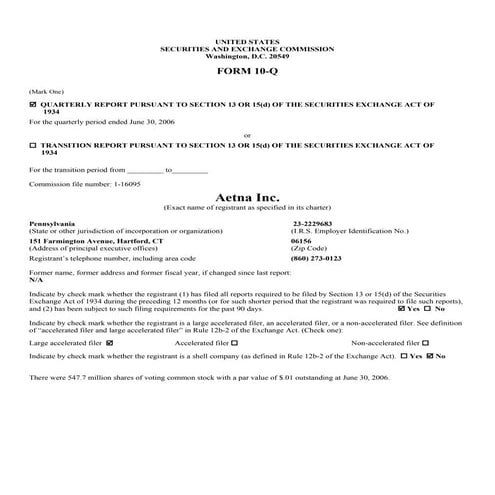 aetna form 10Q 2006 2nd