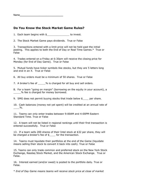 Quiz Rules of Stock Market Game | PDF