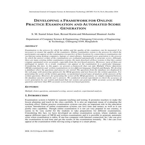 DEVELOPING A FRAMEWORK FOR ONLINE PRACTICE EXAMINATION AND AUTOMATED SCORE GE...
