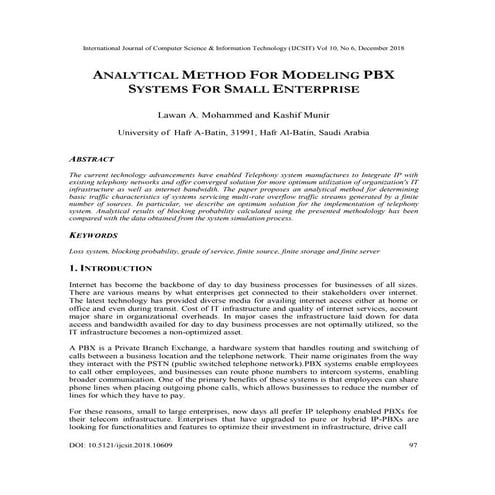 ANALYTICAL METHOD FOR MODELING PBX SYSTEMS FOR SMALL ENTERPRISE
