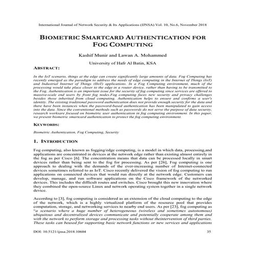 BIOMETRIC SMARTCARD AUTHENTICATION FOR FOG COMPUTING