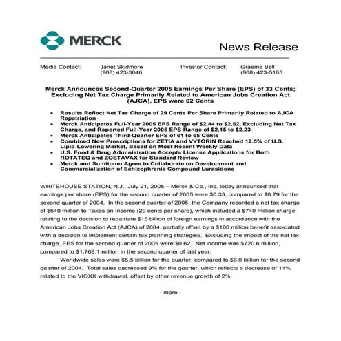 merck 	2Q05 Earnings Release