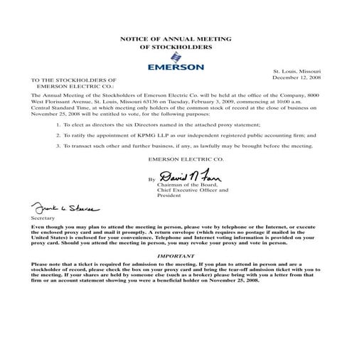 emerson electricl Proxy Statement for 2009 Annual Shareholders Meeting  