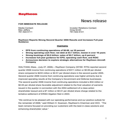 raytheon Q2 Earnings Release
