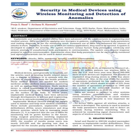 Security in Medical Devices using Wireless Monitoring and Detection of Anomalies