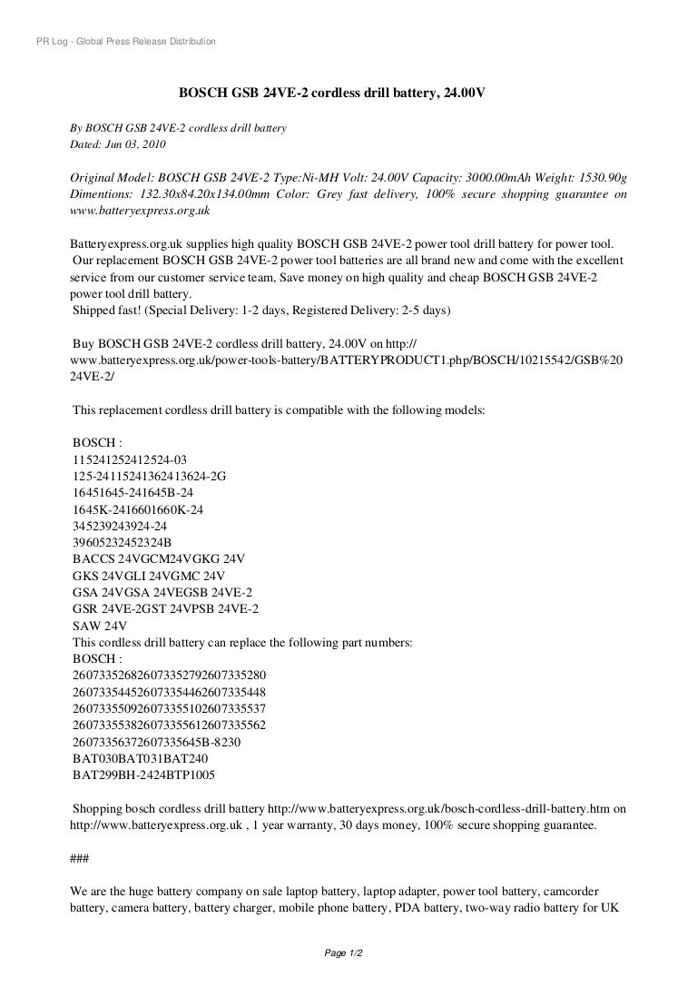 10715852 Bosch Gsb 24ve 2 Cordless Drill Battery 2400v