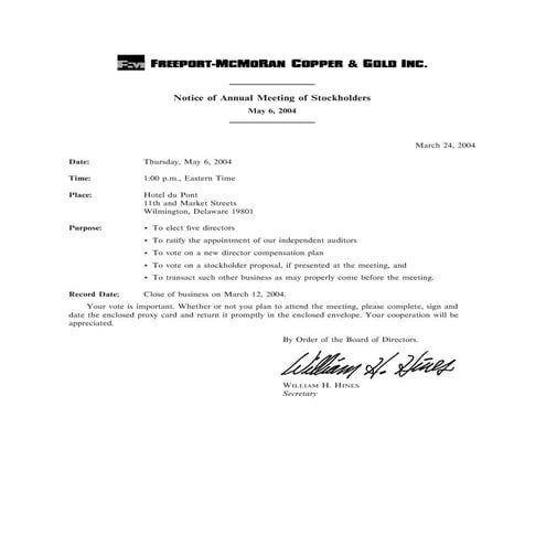 freeport-mcmoran copper& gold Proxy Statement 2004
