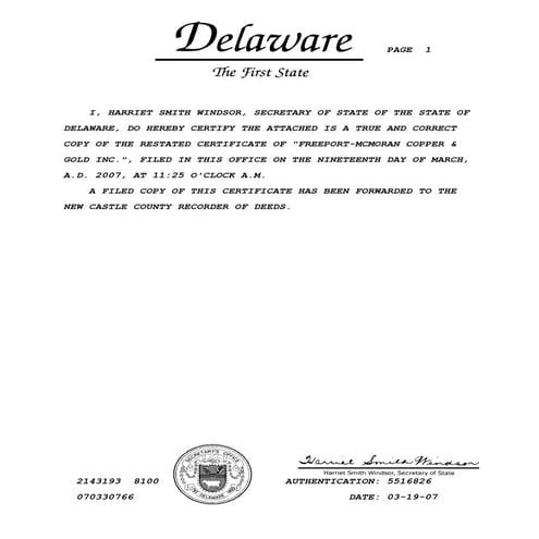 freeport-mcmoran copper& gold  Amended & Restated Certificate of Incorporation of Freeport-McMoRan Copper & Gold Inc., March 19, 2007
