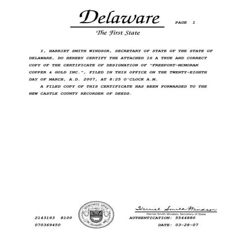 freeport-mcmoran copper& gold  Certificate of Designations for Freeport-McMoRan Copper & Gold Inc.'s 6¾% Mandatory Convertible Preferred Stock, March 28, 2007