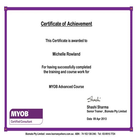 michelle.MYOB Advanced cert | PDF