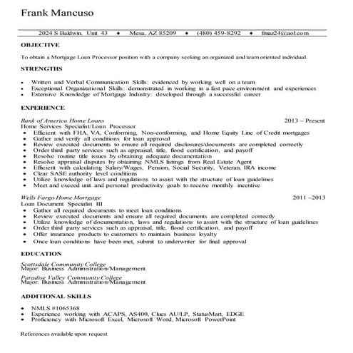 Frank's Processing Resume