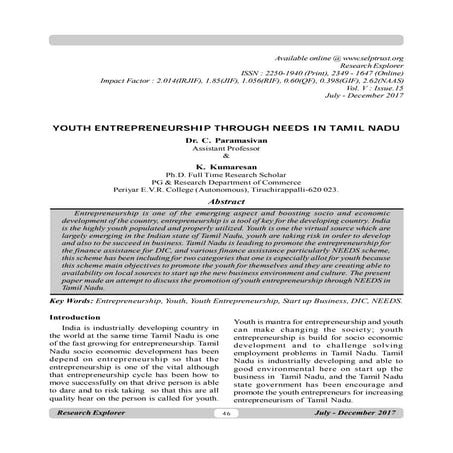 Youth entrepreneurship through needs in tamil nadu | PDF