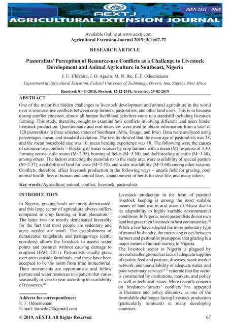 Pastoralists’ Perception of Resource-use Conflicts as a Challenge to Livestock Development and Animal Agriculture in Southeast, Nigeria