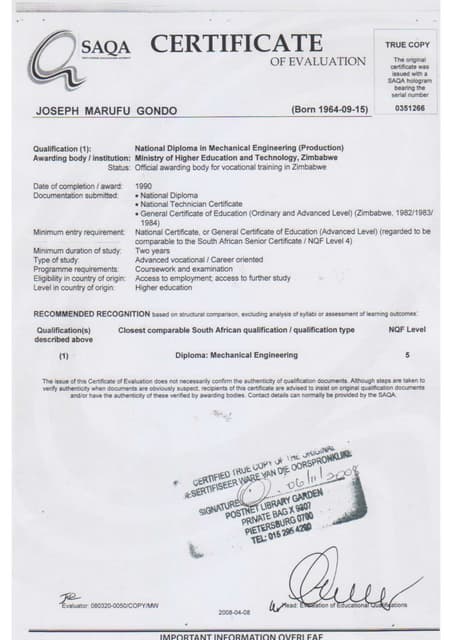 SAQA Certificate | PDF