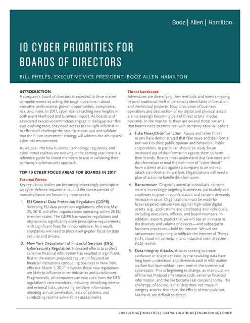 Booz Allen's 10 Cyber Priorities for Boards of Directors