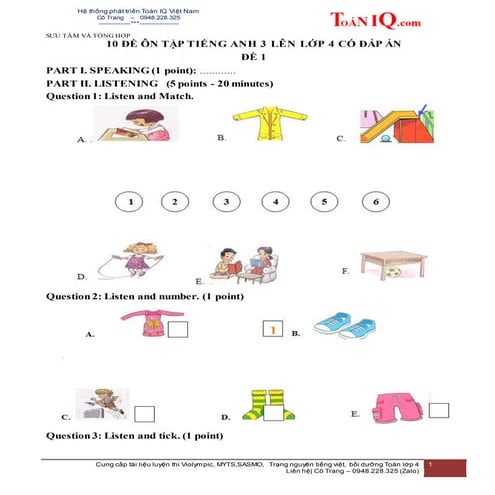 10 ĐỀ ÔN TẬP HÈ - TIẾNG ANH LỚP 3 LÊN 4