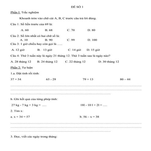10 đề thi học kỳ 1 môn toán lớp 2 có đáp án năm học 2016 - 2017