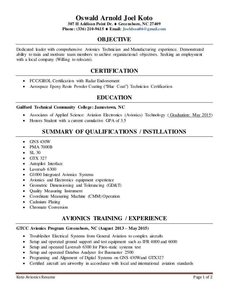 oswald koto avionics resume avionics resumes